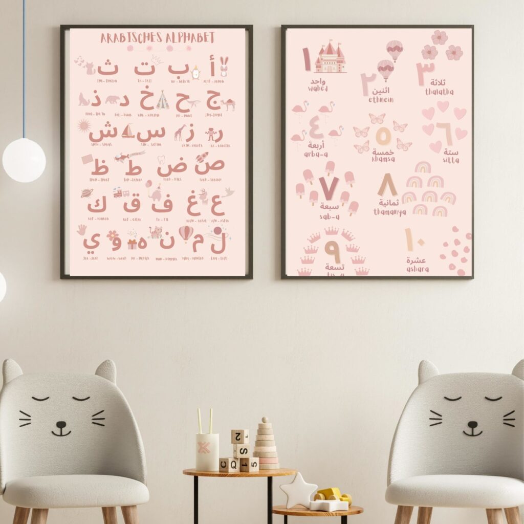 Alif Ba + Zahlenposter Poster Sets (rosa)